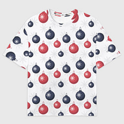 Мужская футболка оверсайз Синие и красные новогодние шары со снежинками