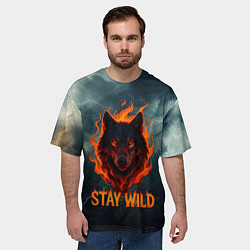 Футболка оверсайз мужская Stay wild волк в огне, цвет: 3D-принт — фото 2