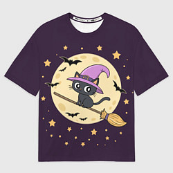 Футболка оверсайз мужская Хэллоуин, кот на метле, луна, цвет: 3D-принт