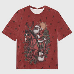 Футболка оверсайз мужская Санта Клаус на красном коне верхом, цвет: 3D-принт
