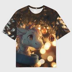 Мужская футболка оверсайз Лошадка под новогодней елкой