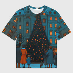 Футболка оверсайз мужская Люди встречают новый год во дворе, цвет: 3D-принт