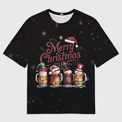 Мужская футболка оверсайз Кружки пива в новогодних шапках