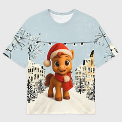 Футболка оверсайз мужская Милая новогодняя лошадка с шарфом, цвет: 3D-принт