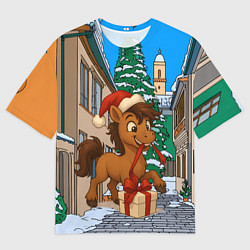 Футболка оверсайз мужская Лошадка распаковывает новогодний подарок, цвет: 3D-принт