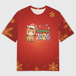 Футболка оверсайз мужская Новогодняя лошадка 2026 на красном фоне, цвет: 3D-принт
