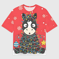 Мужская футболка оверсайз Лошадка в новогодних огоньках