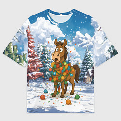 Футболка оверсайз мужская Новогодняя лошадь в гирлянде, цвет: 3D-принт