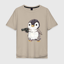 Футболка оверсайз мужская Пингвин с пистолетом, цвет: миндальный