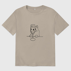 Футболка оверсайз мужская Кот с бокалом вина татуировка, цвет: миндальный