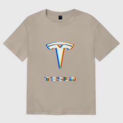 Футболка оверсайз мужская TESLA MOTORS GLITCH ТЕСЛА, цвет: миндальный