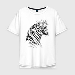 Мужская футболка оверсайз Чёрно белый рисунок тигра