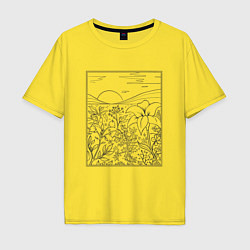 Футболка оверсайз мужская Пейзаж с холмами и цветами, цвет: желтый