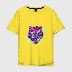 Мужская футболка оверсайз Неоновый тигр в ретро стиле