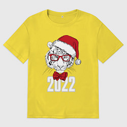 Футболка оверсайз мужская Водяной тигр в шапке Санты, цвет: желтый