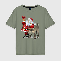 Мужская футболка оверсайз Прикольный дедуля с подарком и олень