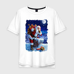 Футболка оверсайз мужская Дед Мороз с подарками на крыше, цвет: белый