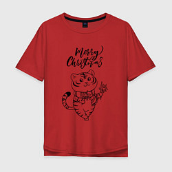 Футболка оверсайз мужская Merry Christmas Тигр с Огоньками, цвет: красный