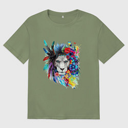Мужская футболка оверсайз Лев в цветах и перьях