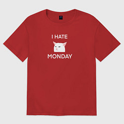 Футболка оверсайз мужская I hate monday текст с котом, цвет: красный