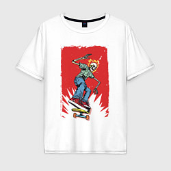 Мужская футболка оверсайз Fire skull Skateboarding man on a red background E