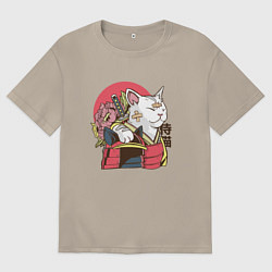 Мужская футболка оверсайз Котик Самурай Samurai Cat Japanese art