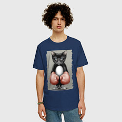 Футболка оверсайз мужская Крутой котяра в боксёрских перчатках Cool cat in b, цвет: тёмно-синий — фото 2