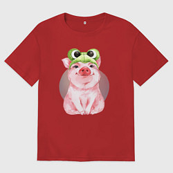 Мужская футболка оверсайз Милый поросенок в шапке-лягушке