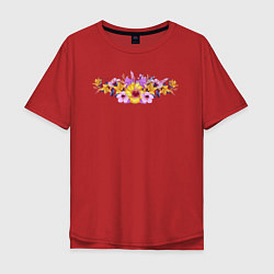 Мужская футболка оверсайз Цветы Разноцветные Гибискус и Ирисы