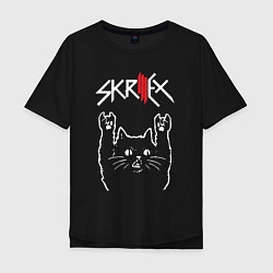 Футболка оверсайз мужская Skrillex Рок кот, цвет: черный