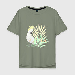 Мужская футболка оверсайз Белый попугай с хохолком на фоне листьев пальмы