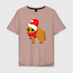 Мужская футболка оверсайз Оранжевый котик в праздничных шапке и шарфике