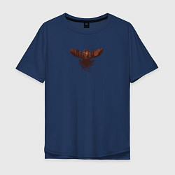 Футболка оверсайз мужская Летящая сова и силуэт оленя в осеннем лесу, цвет: тёмно-синий