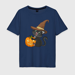 Мужская футболка оверсайз Чёрный котик в шляпе и с тыквой