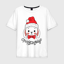 Футболка оверсайз мужская Merry Christmas, cute rabbit in Santa hat, цвет: белый