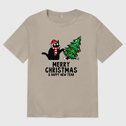 Мужская футболка оверсайз Кот роняет новогоднюю ёлку