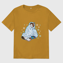 Мужская футболка оверсайз Зимний кот в одеялке с книгой