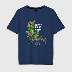 Мужская футболка оверсайз Новогодний динозавр елочка гори