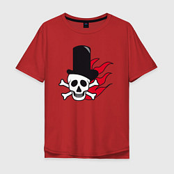 Мужская футболка оверсайз Череп в шляпе и в красном огне