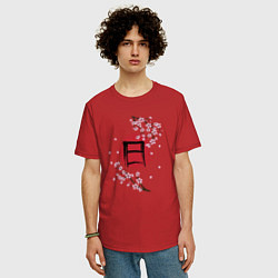 Футболка оверсайз мужская Цветущая сакура и красный круг с японским иероглиф, цвет: красный — фото 2