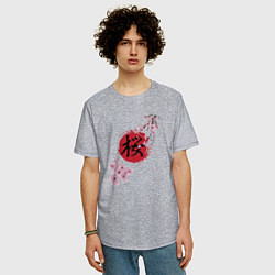 Футболка оверсайз мужская Цветущая вишня и красный круг с японским иероглифо, цвет: меланж — фото 2