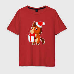 Футболка оверсайз мужская Мультяшная лошадка в шапке Санты, цвет: красный
