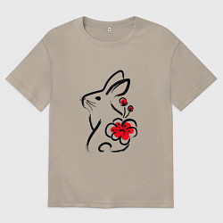 Мужская футболка оверсайз Силуэт кролика с японским цветком