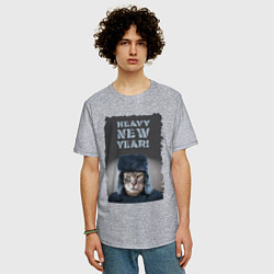 Футболка оверсайз мужская Котяра в шапке ушанке, цвет: меланж — фото 2