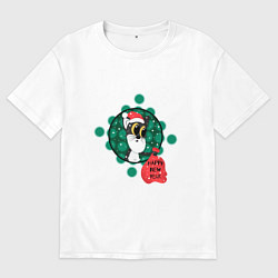 Футболка оверсайз мужская Черный кот с красным мешком подарков, цвет: белый