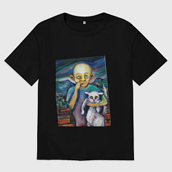 Футболка оверсайз мужская Мальчик и кот, цвет: черный