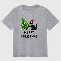 Мужская футболка оверсайз Кот валит новогоднюю ёлку