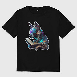 Мужская футболка оверсайз Киберпанк собака с книгой