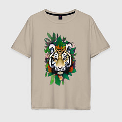Мужская футболка оверсайз Голова Тигра среди листьев и цветов, Тигр символ 2
