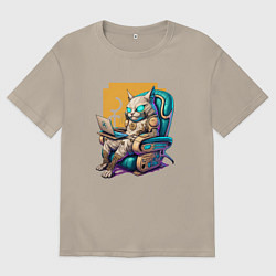 Футболка оверсайз мужская Кот геймер в кресле, цвет: миндальный